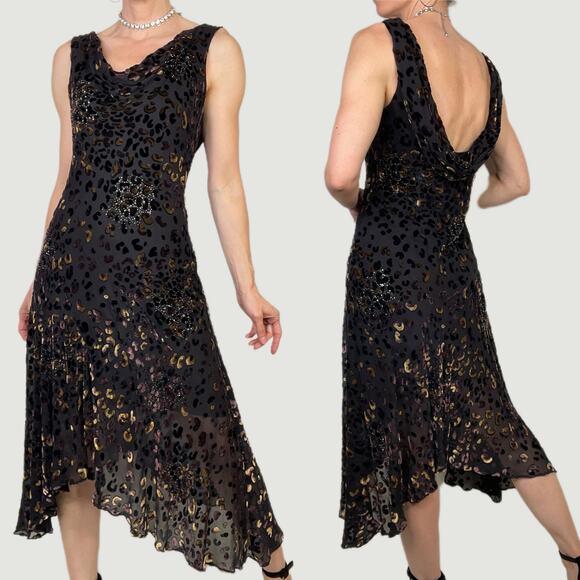 SOLD Sue Wong beaded silk velvet burnout cowl neck midi dress asymmetrical 8 - Picture 13 of 13